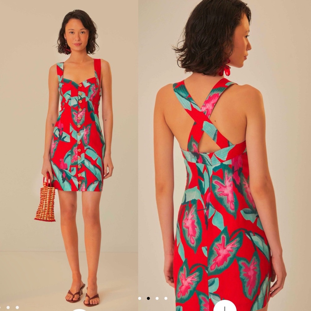 Farm Rio Linen sweetheart mini dress Red cross back Summer Foliage Sz MD new